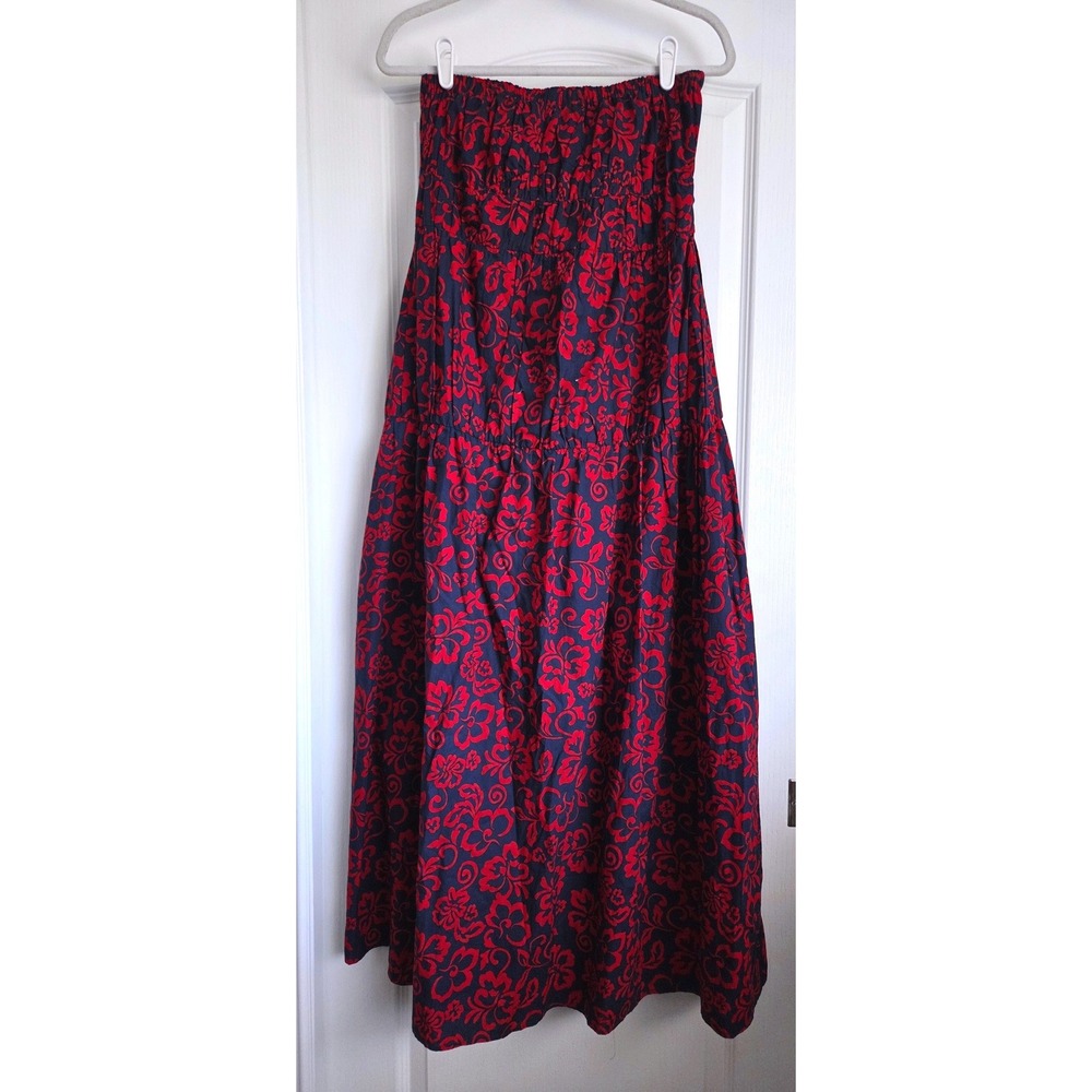 Anthro Sundry Aloha Floral Strapless Maxi Dress Navy Red Smock Tier Cotton Sz M - Picture 3 of 8